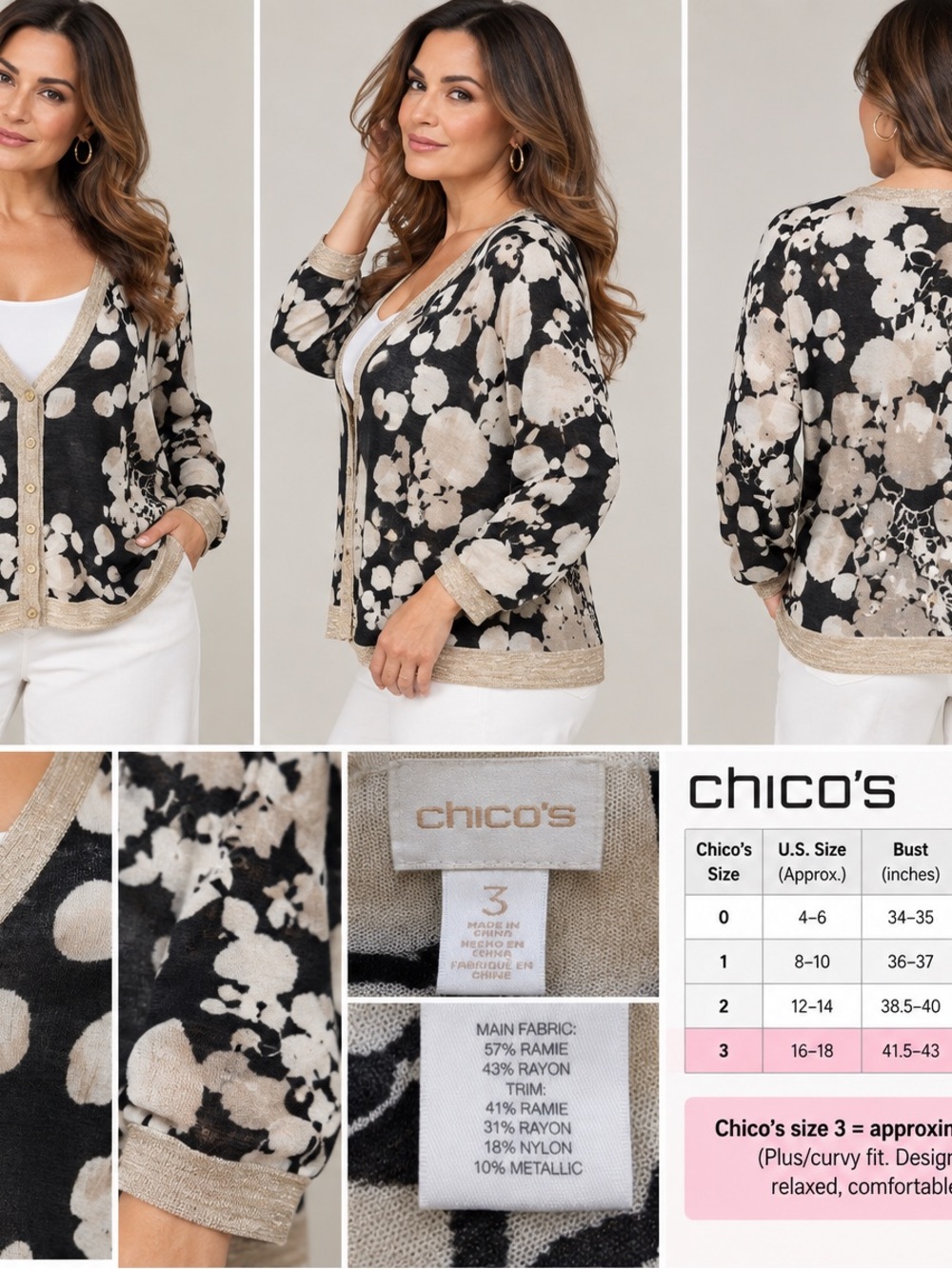 Chico's Black & Beige Floral V-Neck Cardigan